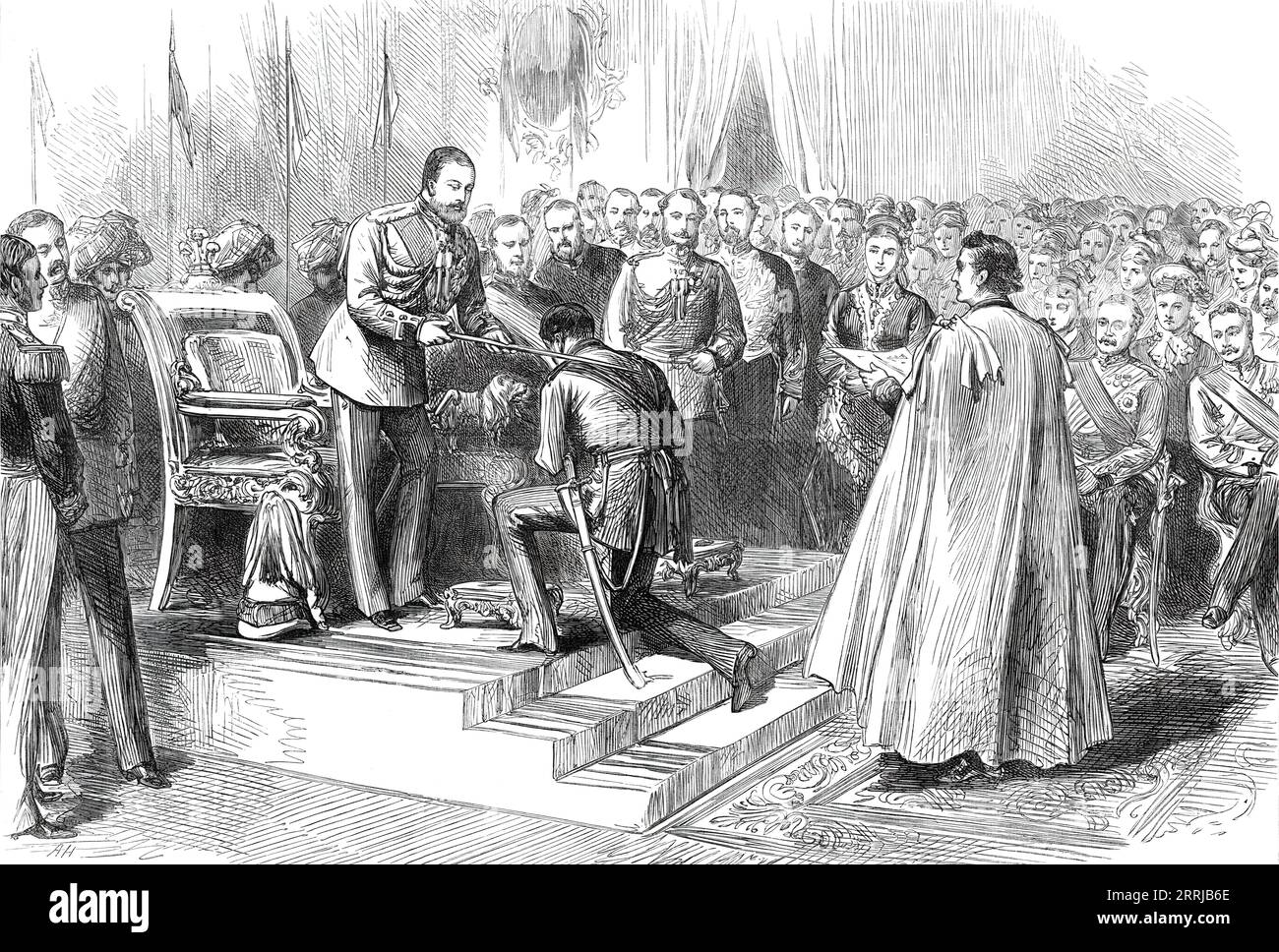 The Prince of Wales in India: Chapter of the Star of India at Allahabad, from a sketch by one of our special artists,  1876. The future King Edward VII '...held a Chapter of the Star of India, when Major-Generals Browne and Probyn and Dr. Fayrer were invested with the rank of Knight Commander; and Colonels Michael, Earle, and Ellis, Captains Glyn and Baring, and Majors Henderson and Bradford, with the rank of Companions of this order. The ceremony passed off well, but was comparatively private, being held at Government House'. From &quot;Illustrated London News&quot;, 1876. Stock Photo