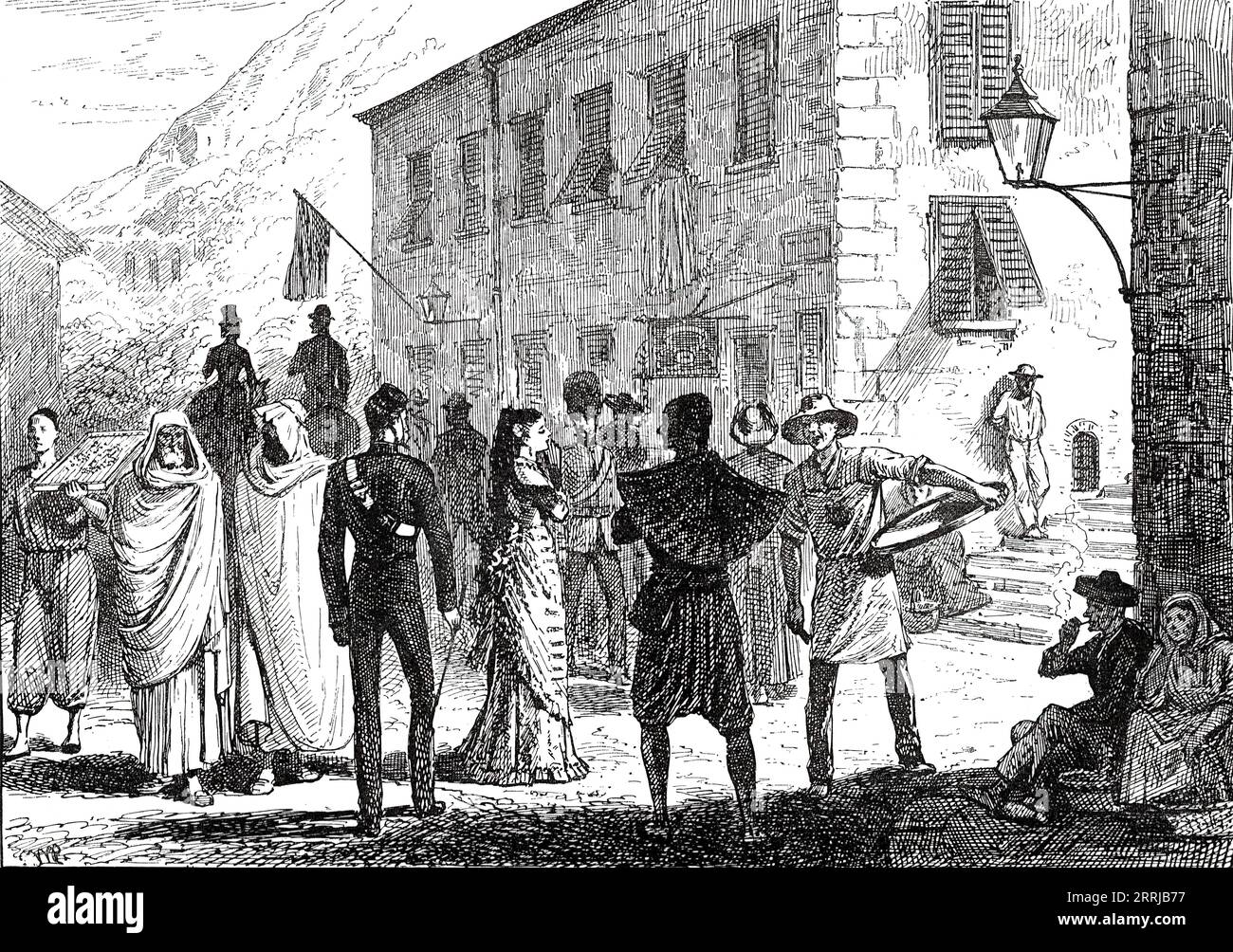 Street scene at Gibraltar, 1876. Engraving from a sketch by '...a valued correspondent and amateur artist, Major W. O. Carlile, R.A...The drapery figures of Spanish women, and of Jews and Jewesses, may be here compared with those of the Moorish people. Gibraltar has many such picturesque contrasts and oddities of juxtaposition at the very gate of the Mediterranean, between our British seafaring or soldiering visitors and the nations of Southern Europe or Northern Africa'. From &quot;Illustrated London News&quot;, 1876. Stock Photo