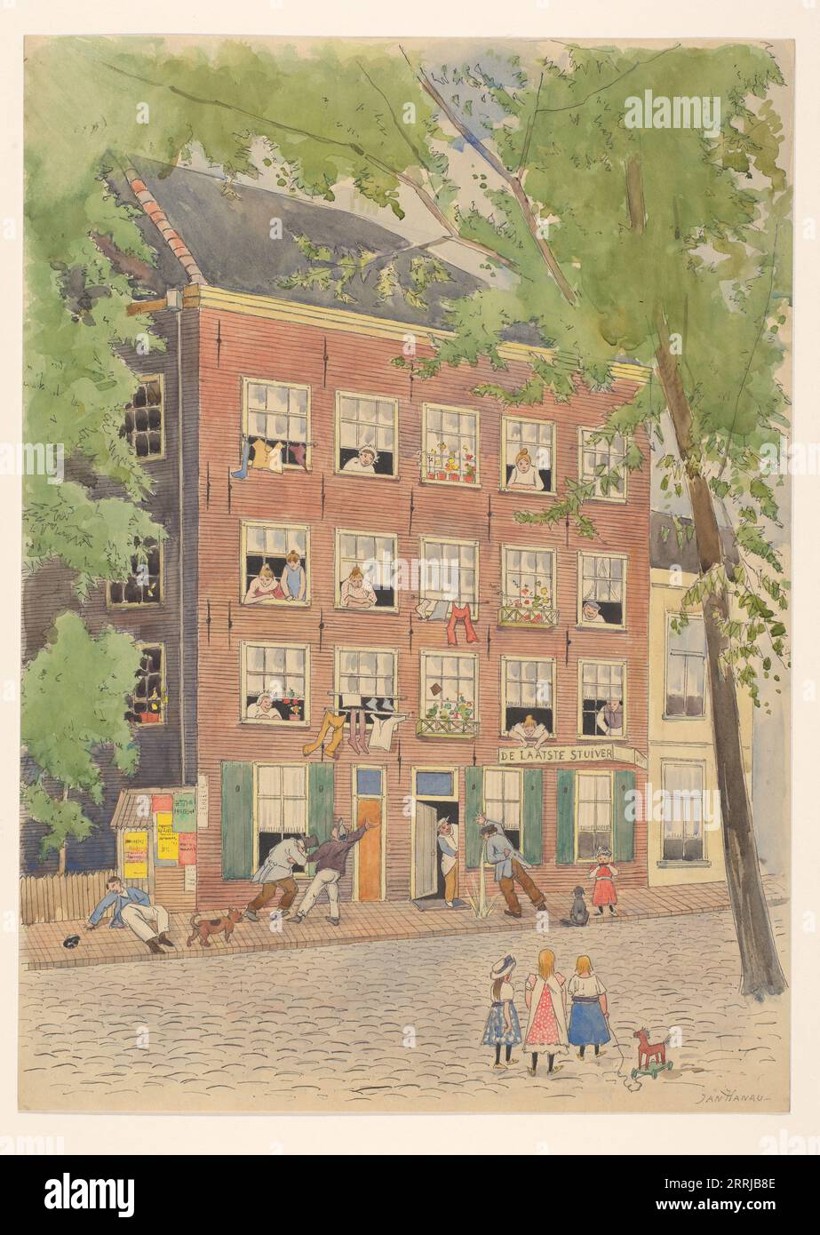 Drunks outside 'De Laatste Stuiver', 1874-1916. Drunk men vomit and fall over on the pavement outside The Last Penny cafe, bystanders watch from windows above. Stock Photo