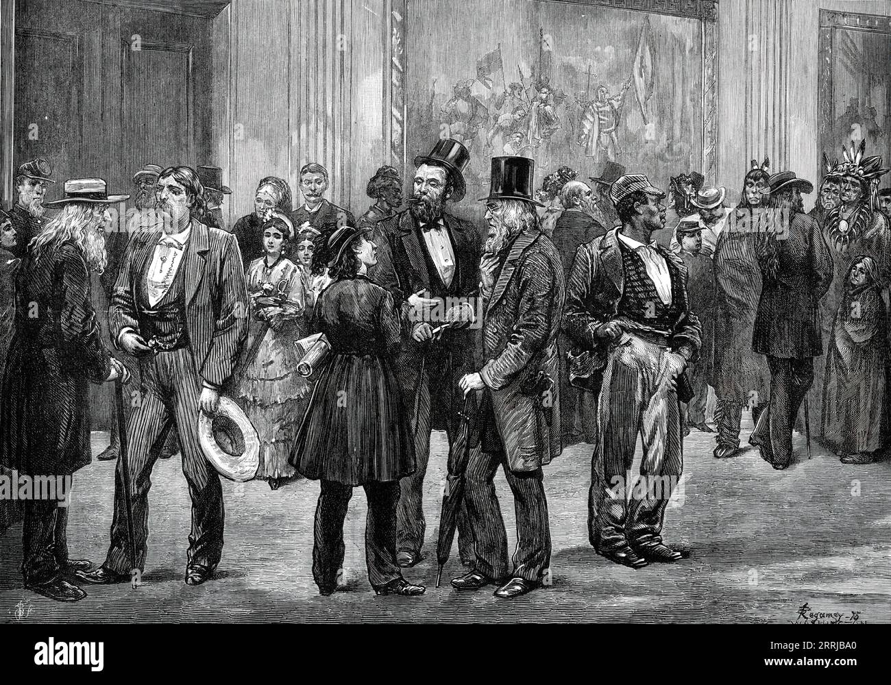 American Sketches: scene in the Rotunda, Washington, 1876. '...an Illustration of the manner in which people stand about the Rotunda, &quot;lobbying&quot; the members of Congress for purposes not always reprehensible, or simply wanting to pick up a dose of political gossip, or to indulge their personal curiosity with a sight of the leading public men. Ladies, as well as gentlemen, are observed not seldom among the frequenters of this place; and Dr. Mary Walker, the female medical practitioner, wearing her Bloomer suit of tunic and trousers, happened to figure in a foreground group at the momen Stock Photo