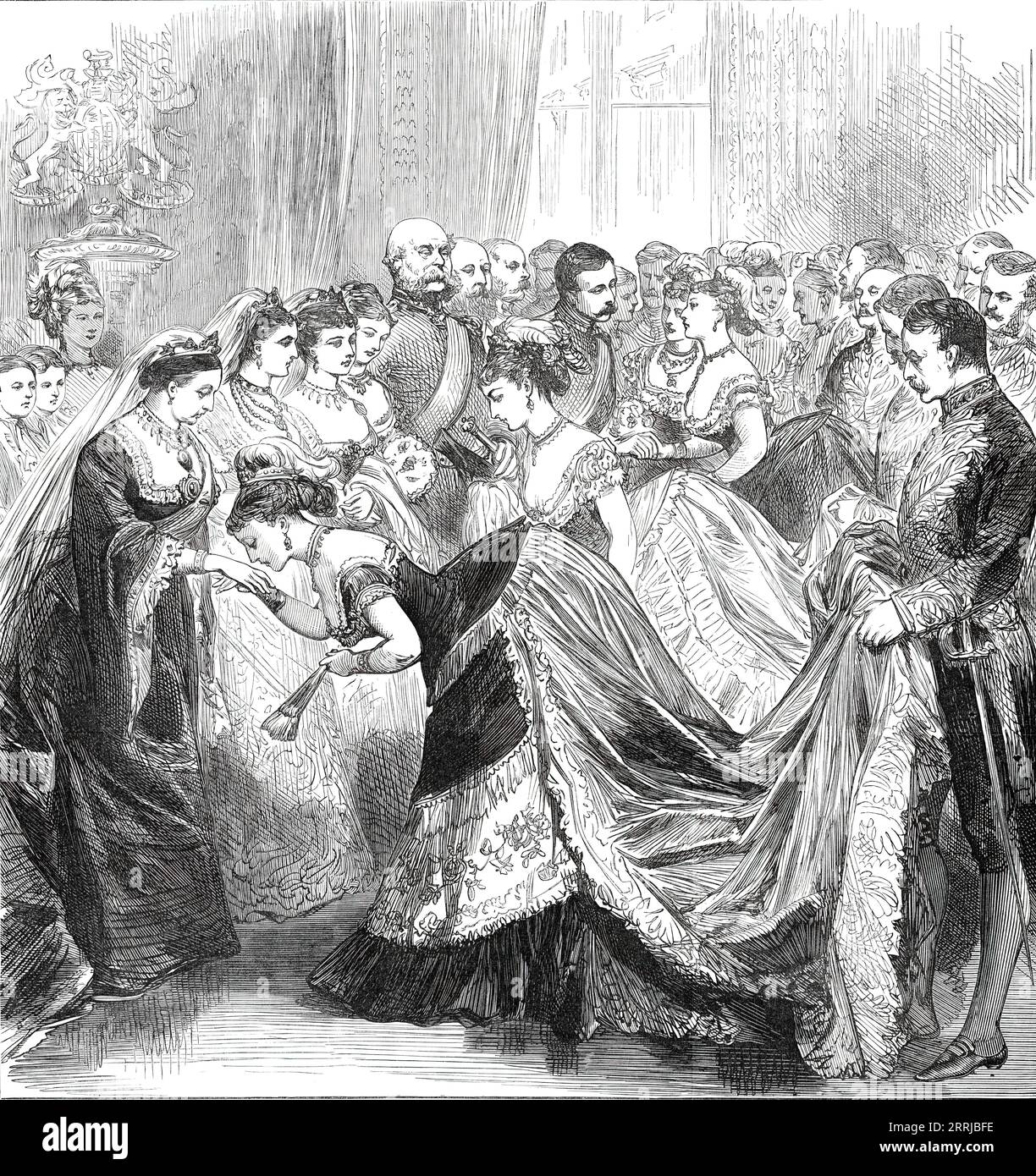 Her Majesty's Drawingroom at Buckingham Palace, 1876. The '...ceremony of personally introducing ladies to the Queen, beside whom stand their Royal Highnesses the Princess of Wales, Princess Louise (Marchioness of Lorne), and Princess Beatrice...The lady to be introduced to her Majesty was in each case presented by some lady of her own family or friends, who had previously been admitted to the Court...The Queen was attired in a dress of embroidered black satin, the black satin train of which was trimmed with tulle and crape; she wore a long white tulle veil, and on her head a diadem adorned wi Stock Photo