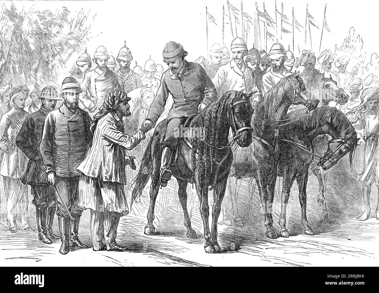 The Prince of Wales in the Terai: Meeting with Sir Jung Bahadoor, from a sketch by one of our special artists,  1876. The future King Edward VII in India. 'Sir Jung Bahadoor came over to the Prince's 'camp fire' on foot from his tent, near at hand, to announce that five tigers had been reported in the jungle for to-day's beat, and that they were all marked down and watched, elephants having been dispatched to hem in their haunts. These were all near the camp - that is, within a five-mile radius. This part of the Nepaul Terai is, indeed, the nursery of tigers'. From &quot;Illustrated London New Stock Photo