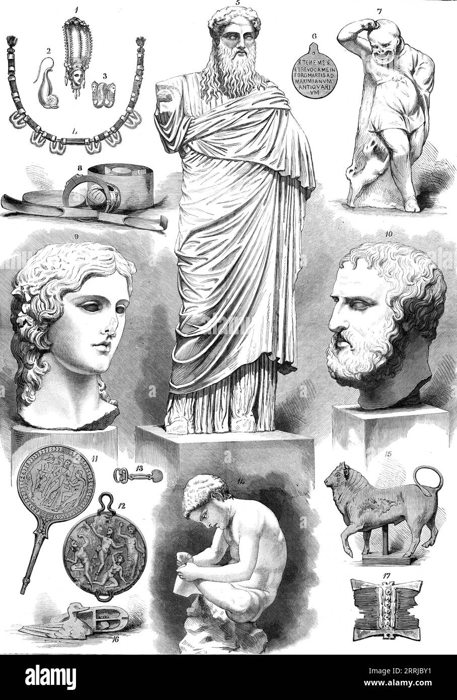 The Castellani Collection in the British Museum, 1876. '1. Gold earring...From Metapontum, in Magna Graecia. 2. Gold earring in form of dolphin...3. Gold spiral ornament, perhaps for twining tresses of hair through it...4. Etruscan necklace: the cylinders are composed of amber...5. Marble statue of heroic size, representing the Indian Bacchus...6. Bronze bulla, worn by slave. 7. Terracotta statuette of a comic actor. 8. Articles of toilet, consisting of strigils, or skin-combs, bottle for oil, and box with compartments. 9. Marble head of young Bacchus, or perhaps Ariadne...10. Marble head of E Stock Photo