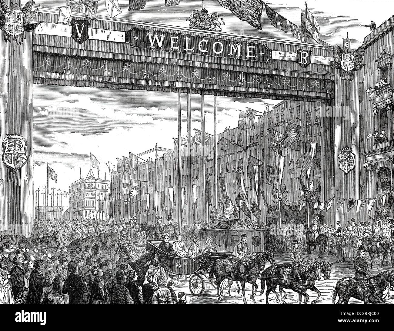 The Queen's Visit to the East End of London: Triumphal Arch in Whitechapel-Road, 1876.  'Her Majesty went...to open the new wing of the London Hospital buildings in Whitechapel-road. It was a high festival for the East End of London...At the City boundary a large triumphal arch, forty feet high, spanning the roadway, had been erected. It was handsomely decorated with flags, and bore on the Aldgate side the inscription, &quot;Welcome to our Queen&quot;...The word &quot;Welcome&quot; occurred repeatedly, sometimes with the addition of &quot;Come again,&quot; and &quot;Thanks for this visit&quot; Stock Photo