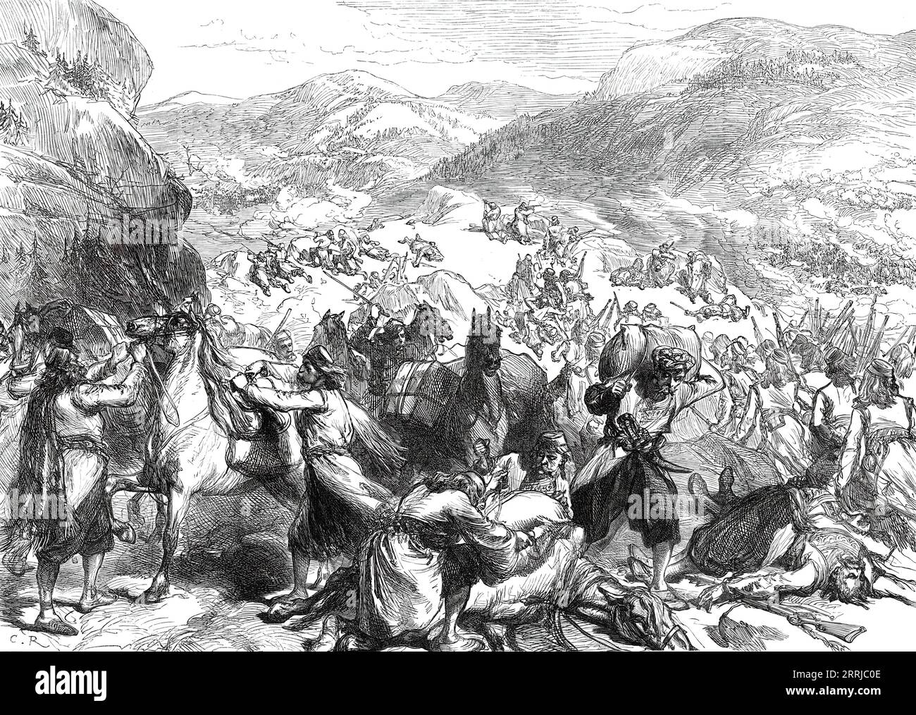 The War in the Herzegovina: insurgents surprising a Turkish convoy, from a sketch by our special artist, 1877. 'It is considered worthy of remark that the insurgent bands were able to hold their position in a level country, and upon the road which was absolutely necessary to the existence of the Turkish army. They held it for two weeks against that army, which had gone into winter quarters within ten miles of the insurgent positions. It was necessary to concentrate all the available Turkish forces in the province to drive 2000 insurgents off that road - ill-provided, ill-armed, ill-organised m Stock Photo