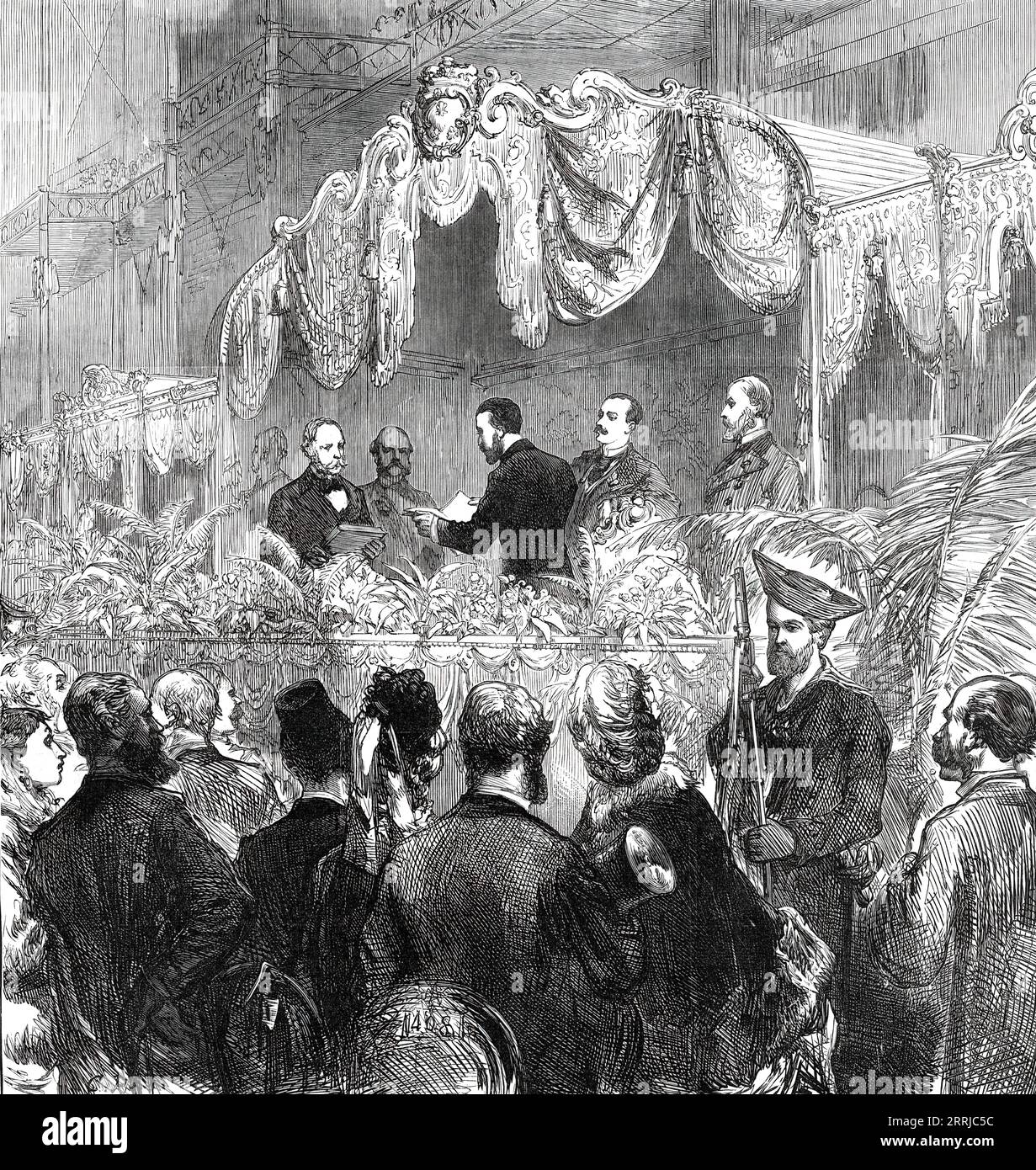 Opening of the Royal Aquarium and Summer and Winter Garden, Westminster, by the Duke of Edinburgh, 1876. 'There was an assembly of nearly ten thousand ladies and gentlemen...The Royal box was decorated with festooned curtains of crimson damask, blue silk hangings with white lace, and lilies provided by Mr. Wills, florist...this undertaking is intended, besides the aquarium...to afford facilities for &quot;the encouragement of artistic, scientific, and musical tastes&quot;. It is to be &quot;not only a popular exhibition, but a means of intellectual enjoyment and educational advantage&quot;. Hi Stock Photo
