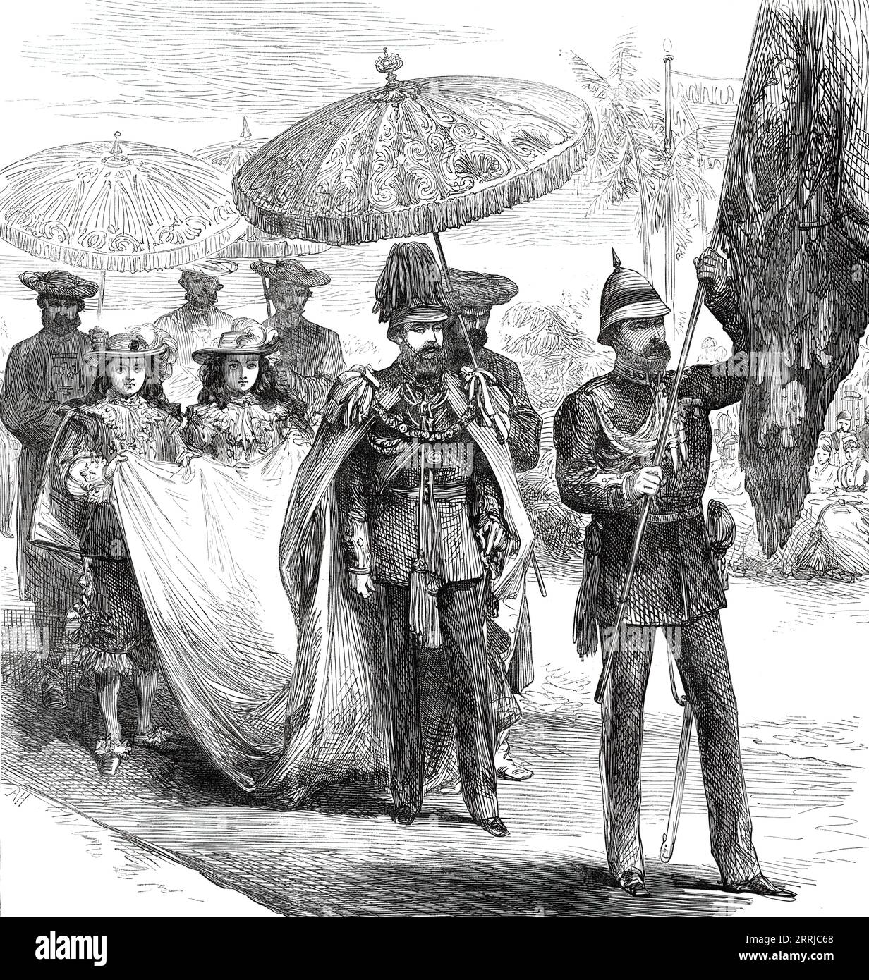 The Grand Chapter of the Star of India at Calcutta: the Prince of Wales passing from his tent to the Grand Chapter Tent, from a sketch by one of our special artists, 1876. The future King Edward VII in India. 'The Prince was in field-marshal's uniform, with a white helmet and plume...The standard-bearer walks a few paces before his Royal Highness...His train was carried by Messrs. Grimston and Walshe, naval cadets...attired in the costume of pages at the Court of Charles II...cavalier hats and cloaks, tunics, trunk hose, and rosetted shoes, all of blue satin. They wore cavalier wigs'. From &qu Stock Photo