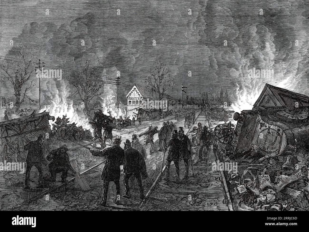 The Railway Accident at Abbotts Ripton, near Huntingdon: working parties removing the injured, from a sketch by Mr. Gompertz, a passenger, 1876. On 21 January 1876, the Edinburgh-London Special Scotch Express was involved in a collision, during a blizzard, with a coal train on the Great Northern Railway main line. A second collision occurred minutes later when an express to Leeds crashed into the wreckage obstructing the northbound line. Thirteen passengers died, and 53 passengers and 6 traincrew members were injured. Factors included signal failure, bad weather and poor visibility. Snow and i Stock Photo