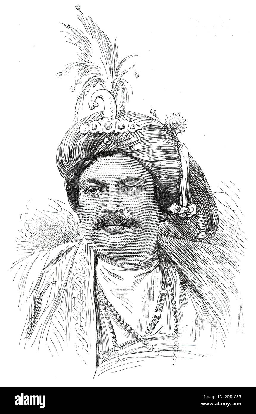 Rajah Harendra Krishna, 1876. Engraving from a photograph. 'Rajah Harendra Krishna, a member of the Bengal Legislative Council,. This Bengalee gentleman, who has the rank of Bahadur and Rajah, is the head of the Sobha-bazar family, attached friends of the British interest since the days of Lord Clive...[and is] a member of the Bengal Legislative Council. It will be found, in the history of British Indian progress, that both Clive and Warren Hastings repeatedly acknowledged the valuable services of Nava Krishna, who died in 1797. The present Kumar Harendra Krishna, his great-grandson, has been Stock Photo