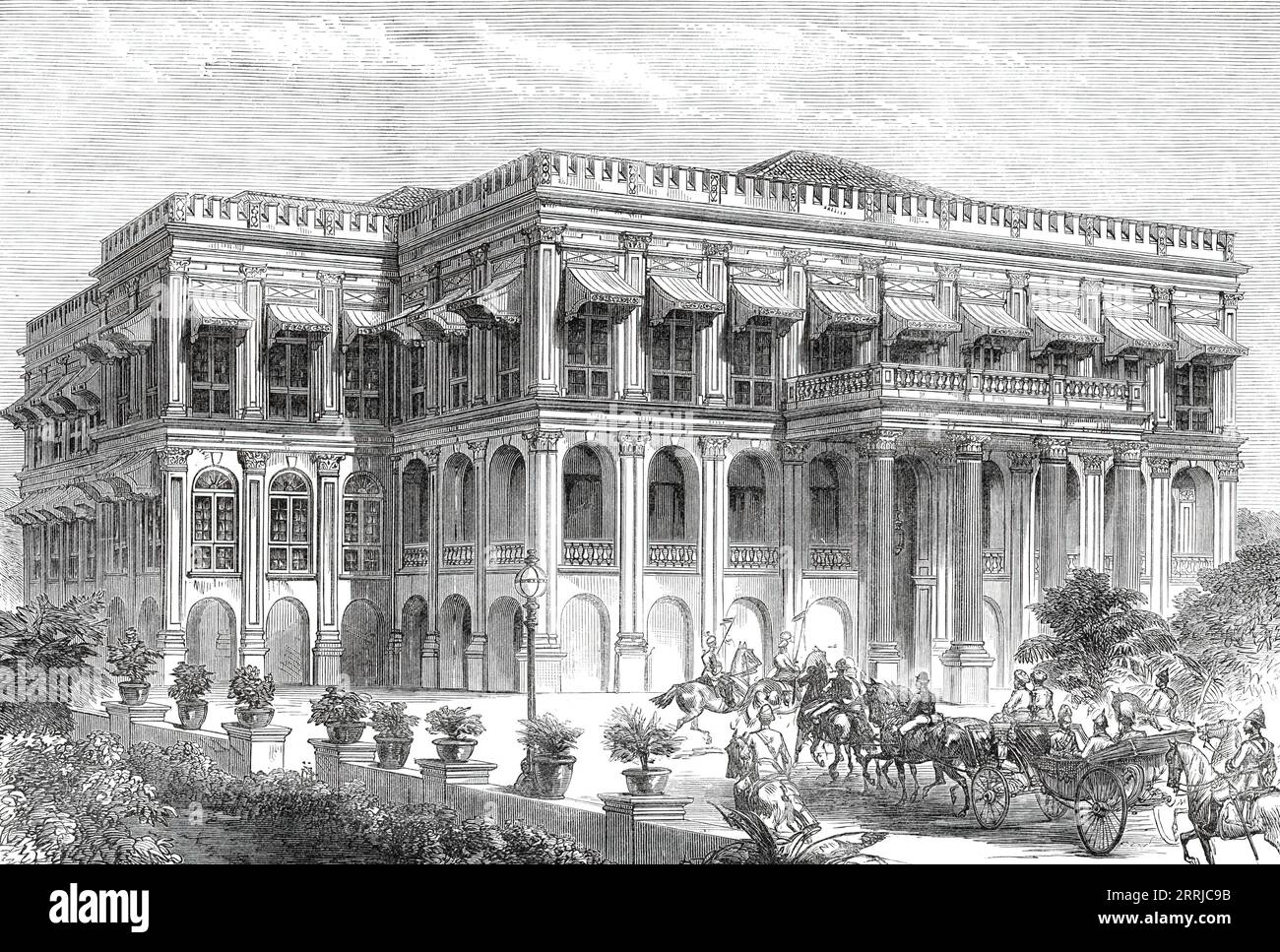 Visit of the Prince of Wales to Sans Souci, Bombay, from a sketch by one of our special artists, 1876. The future King Edward VII in India: '...the Prince's sojourn at Bombay. He and his party visited Lady Sassoon at Sans Souci, the mansion of Sir Albert Sassoon...the scene when his Royal Highness arrived at the villa'. From &quot;Illustrated London News&quot;, 1876. Stock Photo