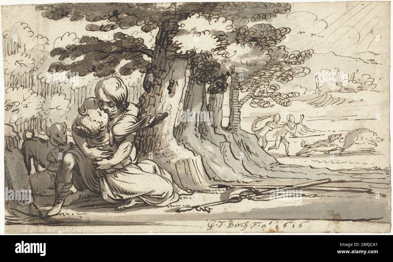 Venus and Adonis engaged in a hug, 1616. Stock Photo