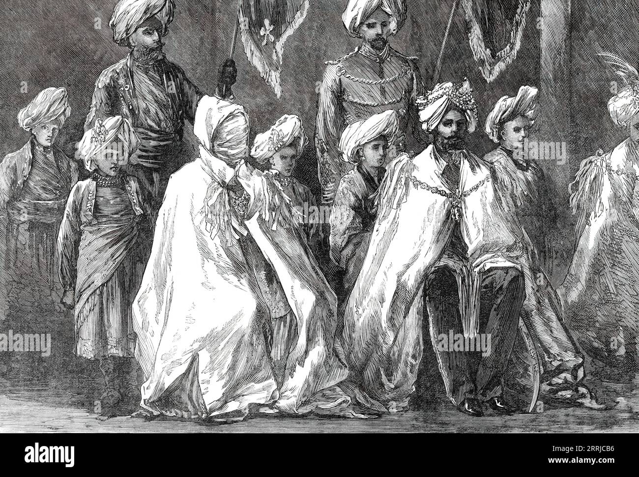 The Begum of Bhopal and the Maharajah of Puttiala, 1876. Engraving from a photograph by Shepherd and Bourne. 'The reigning family of Bhopal is Mohammedan and of Affghan race, with the title of Nawab; but during the last half century the widow of a Nawab has more than once been permitted to succeed, and the inheritance of the last Nawab passed to an infant daughter. The people nominally under her sway are of mixed race, but chiefly Hindoo, and their number exceeds half a million...Mohender Singh, the Maharajah of Puttiala, G.C.S.I., the wearer of a splendid jewelled head-dress...[is] sitting be Stock Photo
