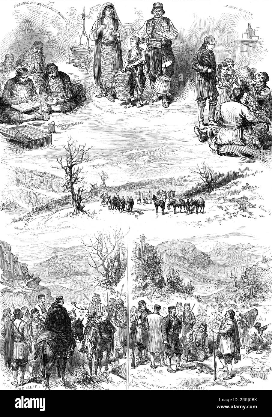 The War in the Herzegovina: sketches by our special artist, 1876. '...some ordinary incidents and habits of campaigning life during the irregular warfare of the past six months in those rugged highlands: sketching and writing under difficulties; grinding coffee; weighing wine; a drink of water; firing heard, is it safe to advance?; is the road clear; a hare shot before a Turkish fortress...It is now to be expected that hostilities between the Turks and the insurgents of Herzegovina will be stopped very shortly, for the Sultan actually signed...a document consenting to the scheme of conciliatio Stock Photo