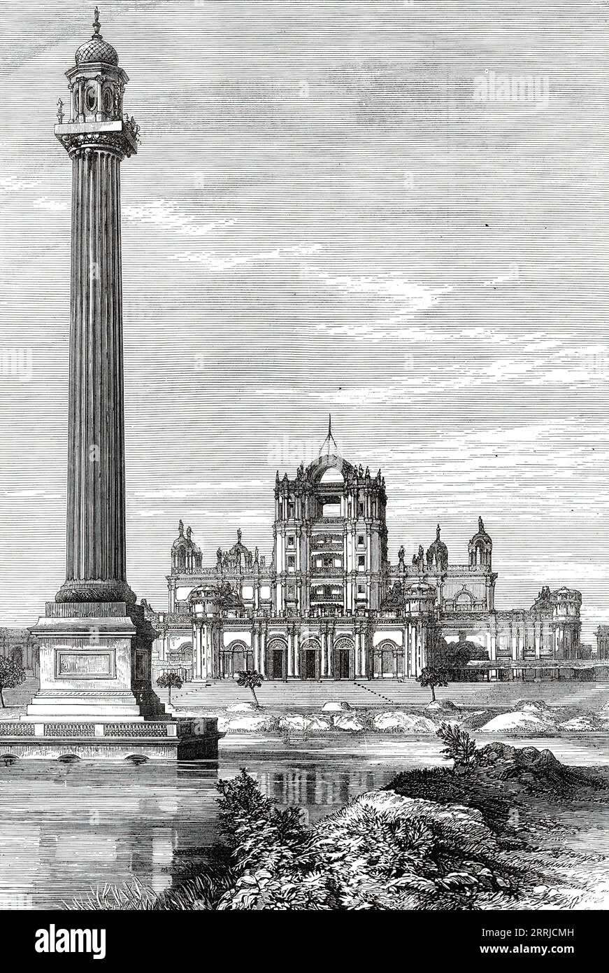 The Martiniere, Lucknow, 1876. 'At first glance one exclaims, &quot;How beautiful! what a splendid building!&quot; at the second, &quot;Why, it must have been built by a madman!&quot; At the distance of more than half a mile we can make out the eccentric array of statues, the huge lions' heads, the incongruous columns, arches, pillars, windows, and flights of stairs leading to nothing, which are the distinguishing features of the Martiniere'. La Martini&#xe8;re Boys' College was founded by an endowment from the wealthy Frenchman, Major-General Claude Martin. Constantia, the palatial building w Stock Photo