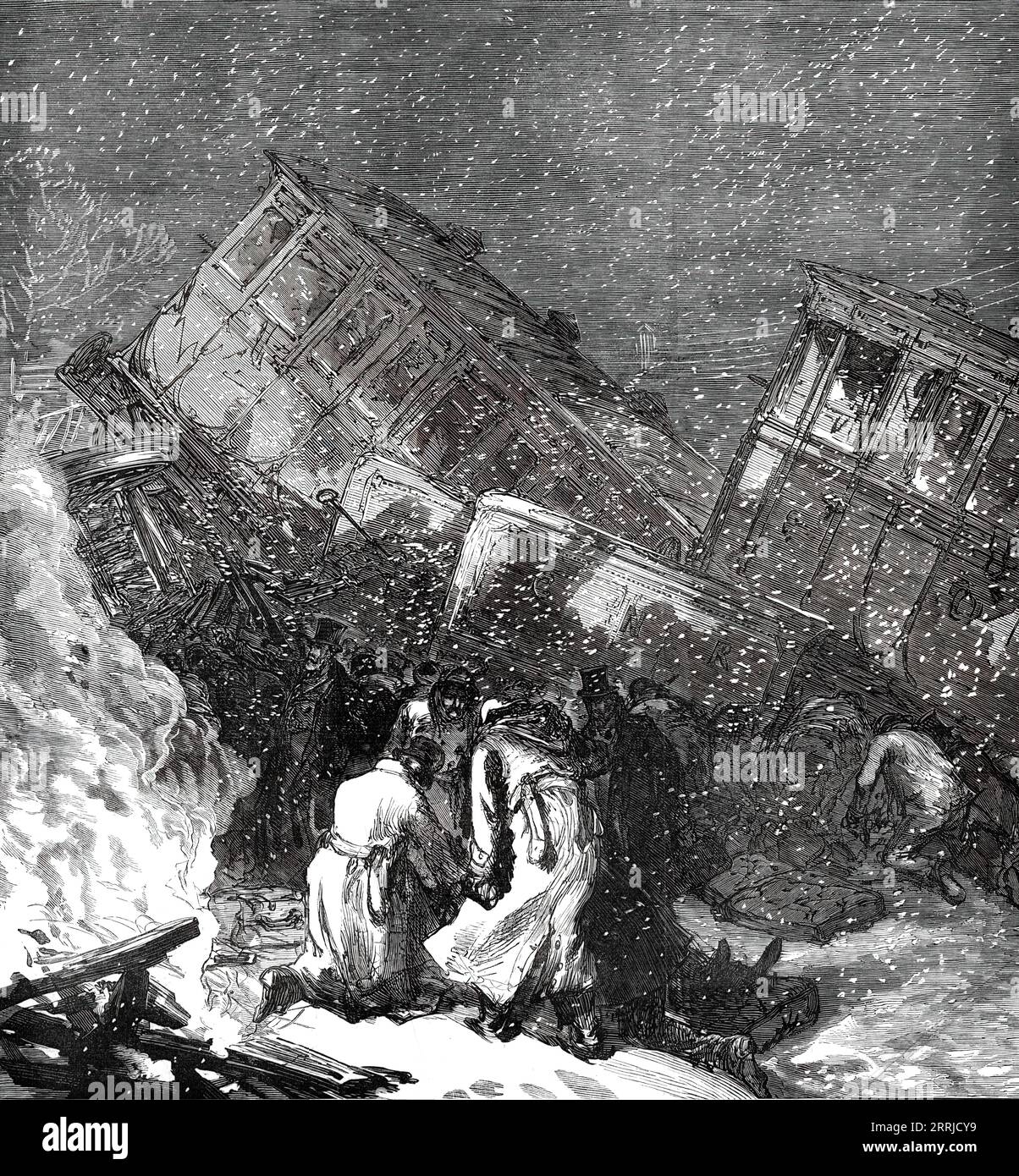 The Railway Accident at Abbotts Ripton, near Huntingdon: working parties removing the injured, from a sketch by Mr. Gompertz, a passenger, 1876. On 21 January 1876, the Edinburgh-London Special Scotch Express was involved in a collision, during a blizzard, with a coal train on the Great Northern Railway main line. A second collision occurred minutes later when an express to Leeds crashed into the wreckage obstructing the northbound line. Thirteen passengers died, and 53 passengers and 6 traincrew members were injured. Factors included signal failure, bad weather and poor visibility. Snow and i Stock Photo