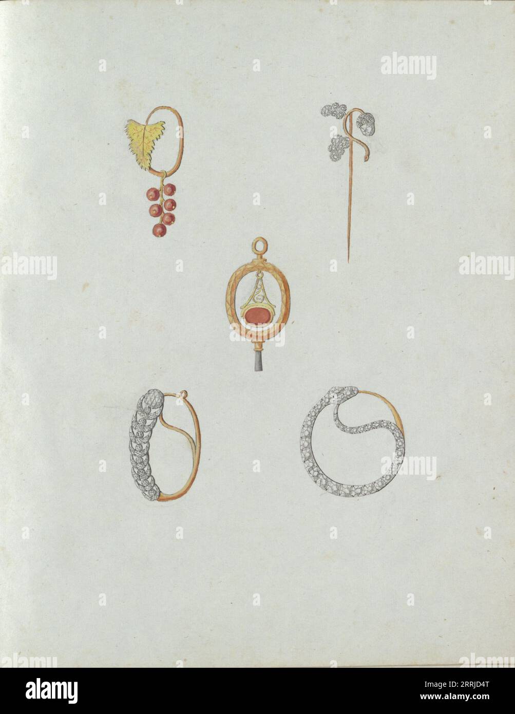 Five jewels, one of which is with a bunch of berries, c.1800-c.1810. Stock Photo