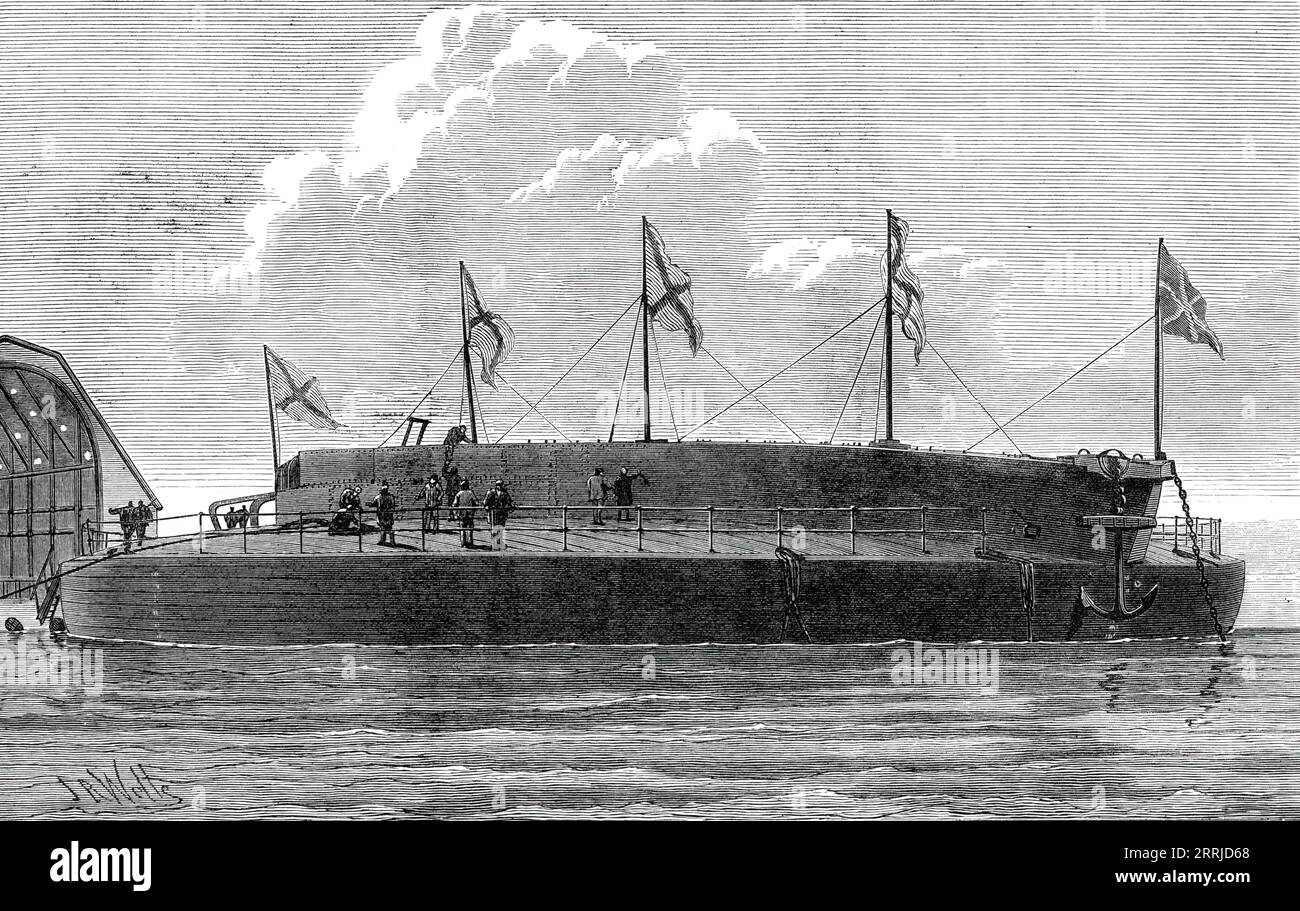 Launch of the Russian circular ironclad Admiral Popoff, 1876. '...the launch of the Admiral Popoff...took place...at the port of Nicolaieff, which is situated on the river Bug, , and is now the great naval station of the Russian Black Sea Fleet. The vessel, in so far as the hull is concerned, was completely built and armour-plated, and also sheathed with wood sheathing over the whole bottom, and covered with copper sheets, before the launch took place...The Admiral Popoff is to be completed with all possible dispatch...the launching of a body 120 feet broad, and drawing between nine and ten fe Stock Photo