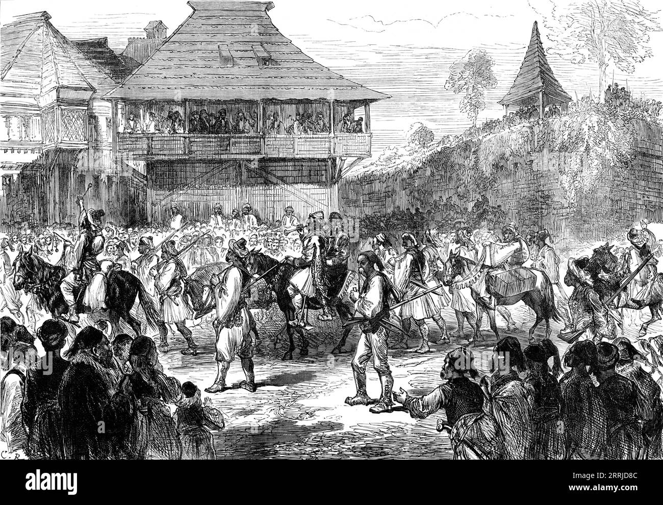 The War in the Herzegovina: Bashi-Bazouks leaving Baynaluka [Banja Luka] for Swina, from a sketch by one of our special artists, 1876. 'The insurgent leaders in the Herzegovina, having consulted with representative Christians from Bosnia, have resolved not to pay any regard to the Sultan's promises of reform, but to continue the conflict until the Turks are driven out...a smart engagement between the Turkish troops and a considerable body of insurgents - most of them Montenegrins - took place...The insurgents, after being completely beaten, fled to the mountains. We give...an Illustration of B Stock Photo