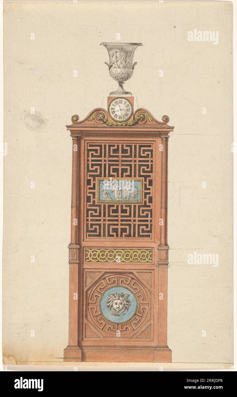 Design for an organ pendula, c.1785-c.1790. Organ pendulum clock, inlaid with two blue and white plaques, presumably from S&#xe8;vres porcelain, open worked with a Chinese-style geometric pattern, crowned by a white vase with griffins. Stock Photo