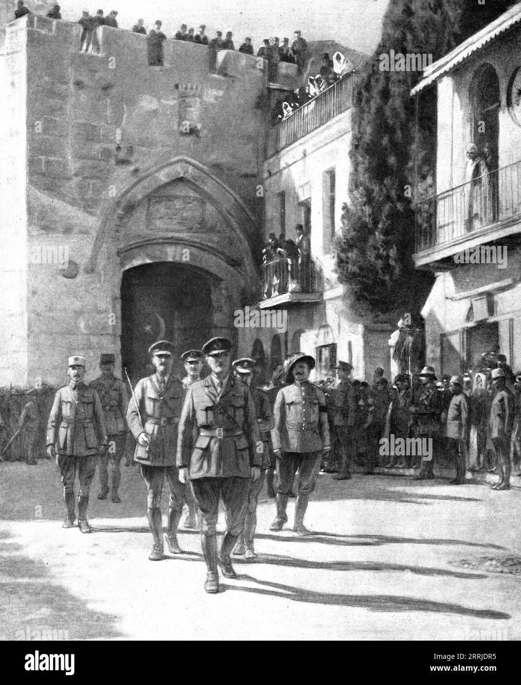 'Distant Fronts, in Jerusalem; Arrival of the allies to the Holy City, December 11, 1917; Led by, the English General Borton, new governor of the city, followed by his two aides-de-camp; behind them, from left to right: Colonel de Piepape, commanding the French detachment, Edmund Allenby whose head is visible between the shoulders of the officers preceding him, Lieutenant-Colonel d'Agostino, leader of the Italian detachment', 1917 From &quot;L'Album de la Guerre 1914-1919, Volume 2&quot; [L'Illustration, Paris, 1924]. Stock Photo
