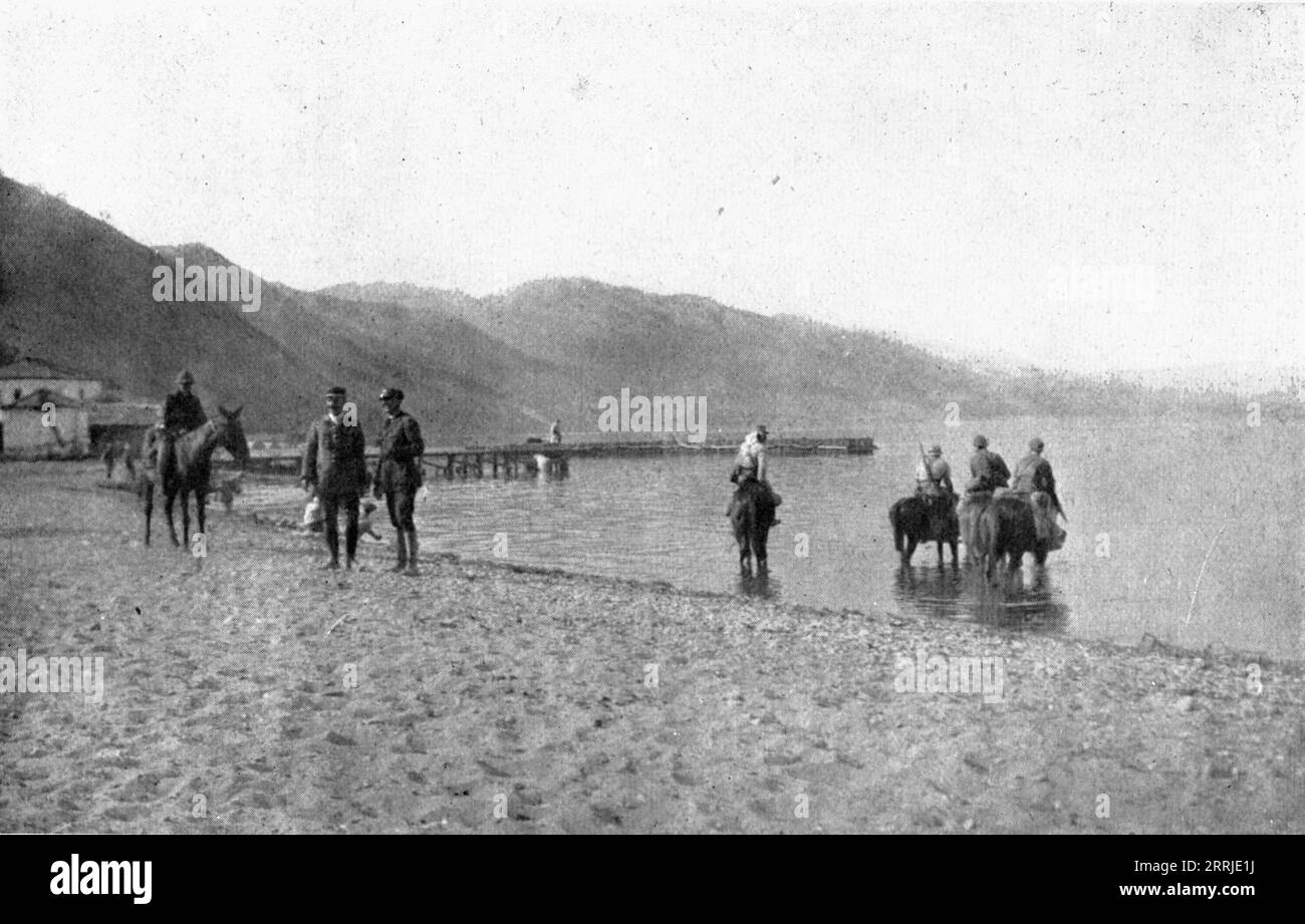 'On the Eastern Front; September 10: a reconnaissance of French cavalry watering their horses at Lake Ohrid', 1917. From &quot;L'Album de la Guerre 1914-1919, Volume 2&quot; [L'Illustration, Paris, 1924]. Stock Photo