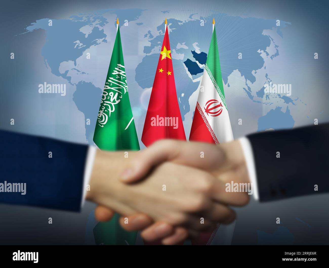 Saudi Arabia and Iran deal mediated by China concept background.Two people shaking hands in front of Saudi Arab,China and Iran flags Stock Photo