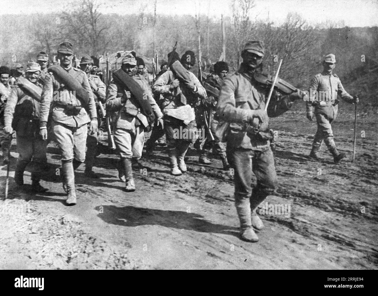 'Our Romanian Allies; The Romanian army regrouped after the trials of 1916: a regiment going to the front to the sound of the violin', 1917. From &quot;L'Album de la Guerre 1914-1919, Volume 2&quot; [L'Illustration, Paris, 1924]. Stock Photo
