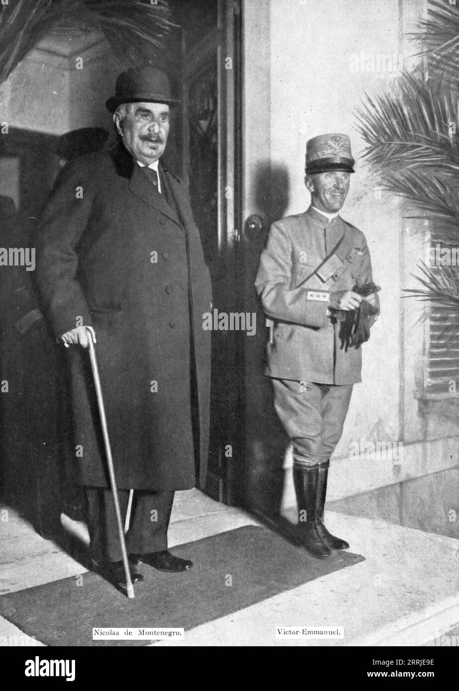 The King of Italy in France; The King of Italy and his father-in-law, September 28, 1917, in Neuilly, on the doorstep of the hotel inhabited by the King of Montenegro', 1917. From &quot;L'Album de la Guerre 1914-1919, Volume 2 &quot; [L'Illustration, Paris, 1924]. Stock Photo