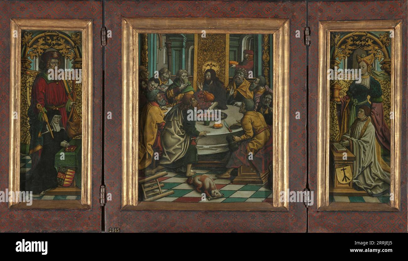 Triptych with the Last Supper and Donors, c.1525-c.1530. Other Title(s): Triptych with the Last Supper (centre panel), Adriana van Roon (c. 1450-1527) with St James the Greater (inner left wing), Dirk Pietersz Spangert (c. 1465-1549) with St Mary Magdalen (inner right wing), the coats of arms of Adriana van Roon (outer left wing) and the Spangert house mark (outer right wing)Triptych with the Last Supper. Stock Photo