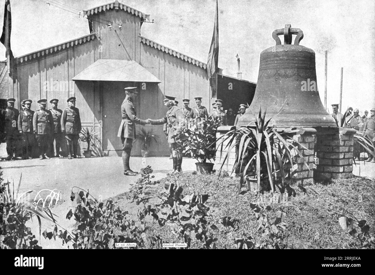 Belgian Bell Recovered; The victors of Messines were commanded by General Plumer; to transport and hand over the bell of the church of Wytschaete, found intact in the ruins of the building to King Albert's headquarters, a precious souvenir of the first Belgian ground liberated', 1917. From &quot;L'Album de la Guerre 1914-1919, Volume 2&quot; [L'Illustration, Paris, 1924]. Stock Photo