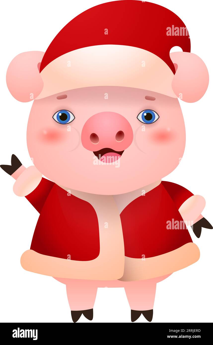 Pig waving with hand and wearing hat and winter coat Stock Vector