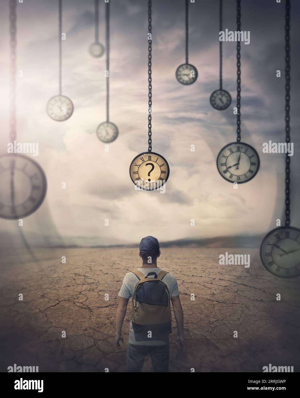 Different hour concept with a person lost in time walking a desolate land stands in front of multiple hanging down clocks has to choose the right mome Stock Photo