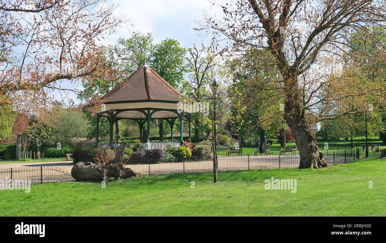 Ruskin Park, London SE15. Landscaped park and gardens on the border of Lambeth and Southwark boroughs. Shows the Victorian bandstand. Stock Photo