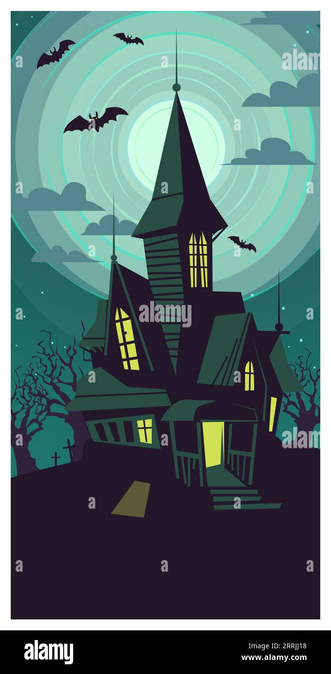 Dark dilapidated gothic building on full moon vector illustration Stock Vector