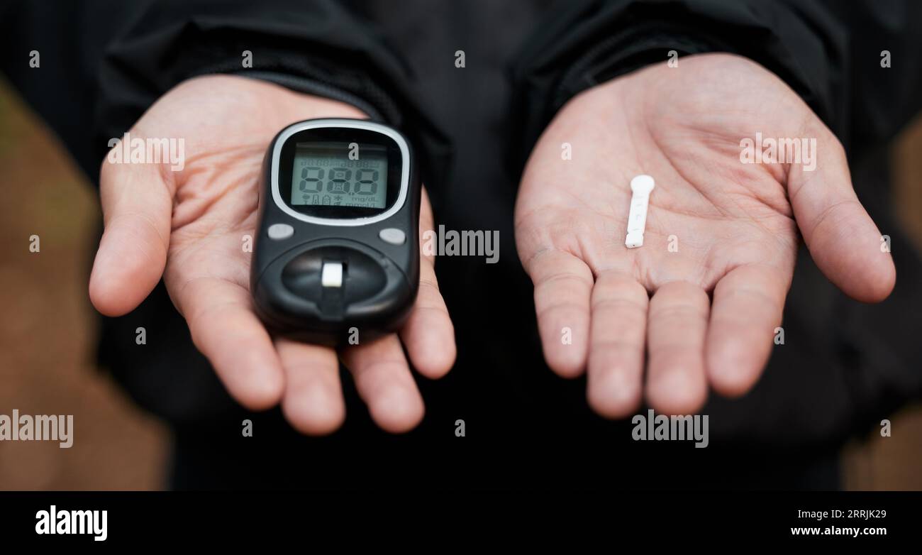 Closeup, hands and equipment for diabetes check, glucose and test for