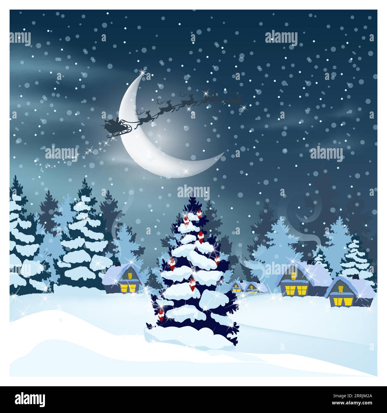 Winter landscape with houses, Santa Claus in night sky Stock Vector