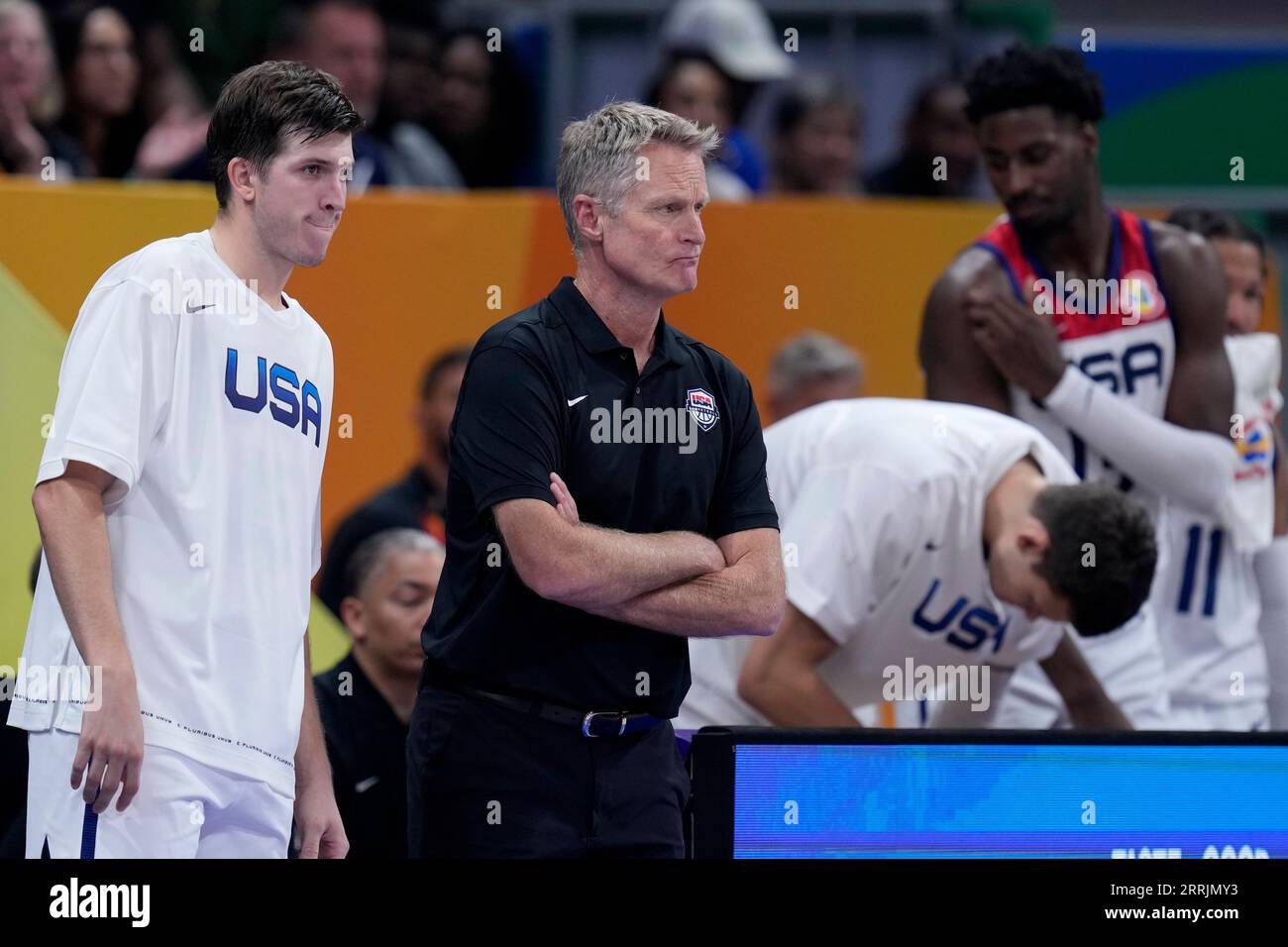 U.S. head coach Steve Kerr, watches the last few moments of their loss ...