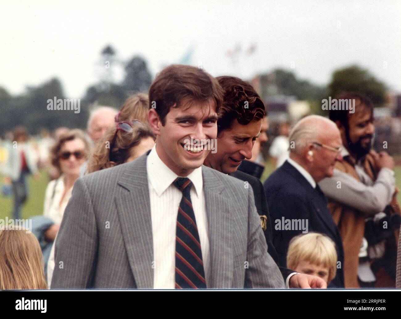 Prince Andrew & Prince Charles  at Smiths Lawn Guards Polo Club  Windsor to watch Sunday afternoon Chuka 1980 Photo has been restored using  AI ,Topaz Pho AI Stock Photo