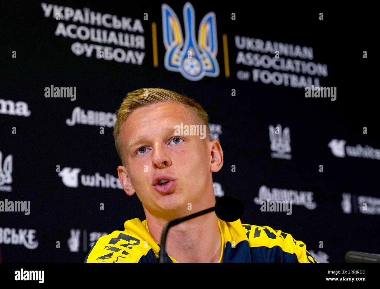 Ukraine's Oleksandr Zinchenko during a press conference at the