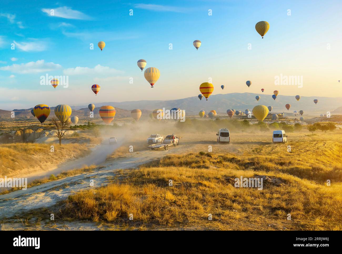 Hot air balloons flying over Cappadocia, Turkey Stock Photo