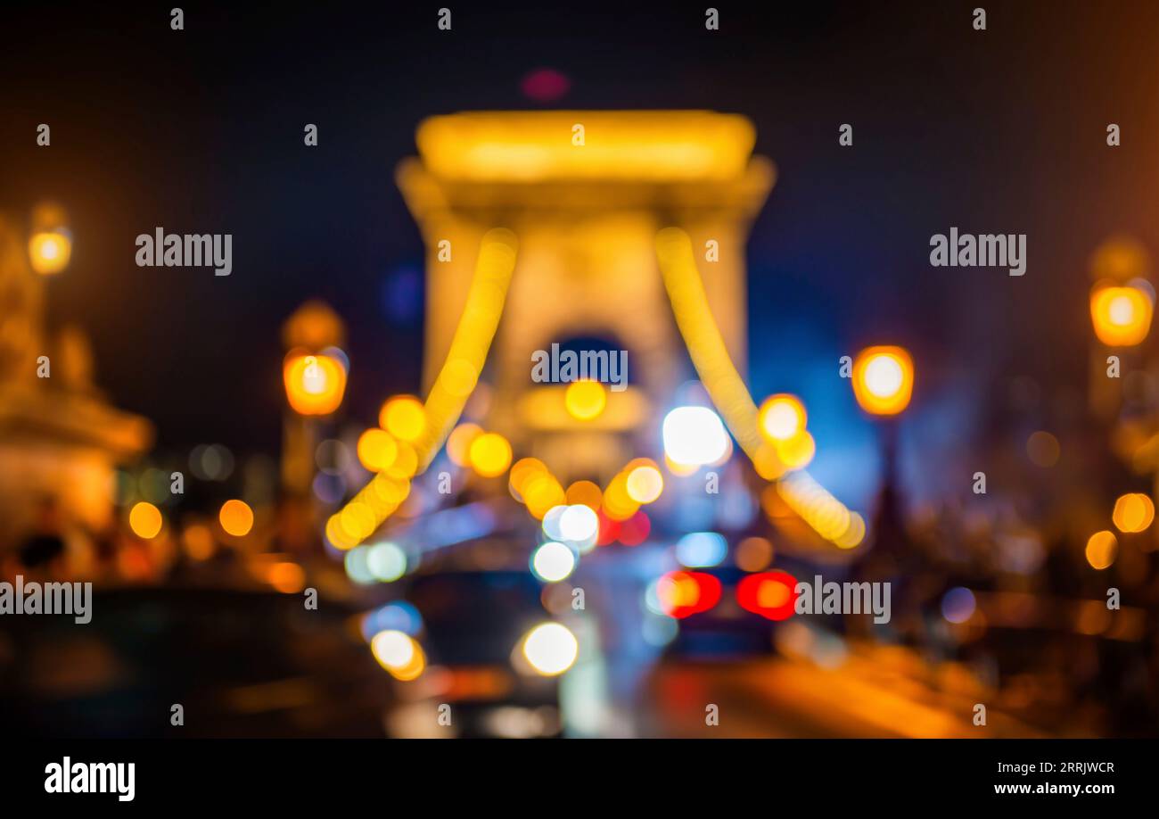 Blurred view of Illuminated Chain Bridge in Budapest at night Stock Photo