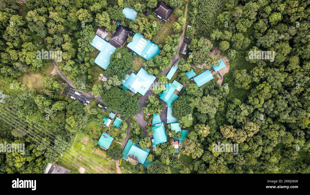 220812 -- LAMPANG, Aug. 12, 2022 -- Aerial photo taken on Aug. 6, 2022 shows the Friends of the Asian Elephant elephant hospital in Lampang, Thailand. Deep in the forest of Lampang province in northern Thailand, the hospital, named Friends of the Asian Elephant FAE, is the first hospital in the world dedicated to treating injured elephants. Since its establishment in 1993, the hospital has saved more than 5,000 elephants with illnesses varying from diarrhoea to eye diseases and injuries through car accidents or mine explosions. TO GO WITH Feature: Lifelong promise from Mama Soraida to her elep Stock Photo