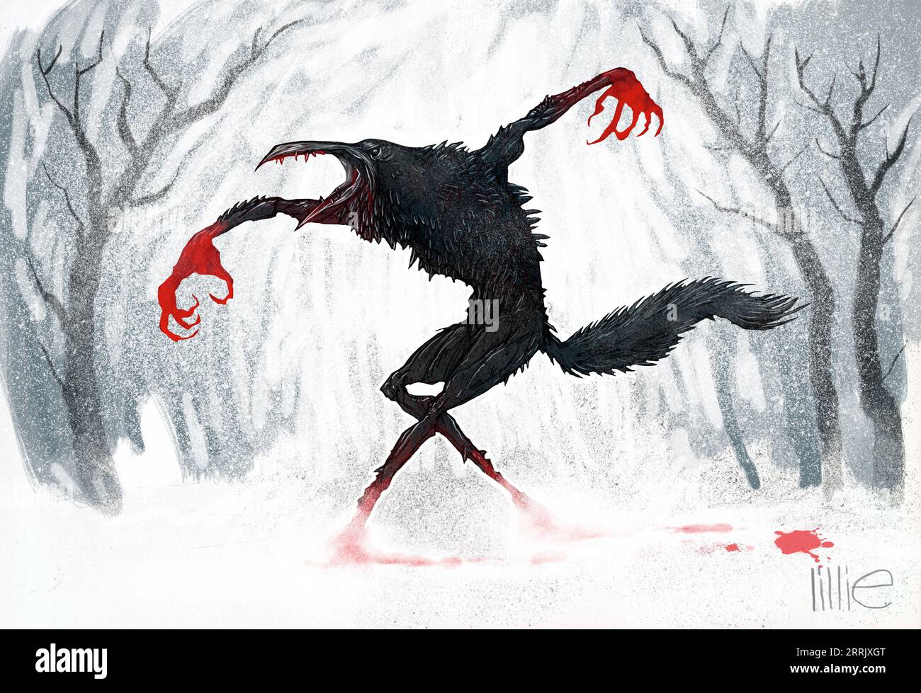 Art inspired by the valravn, a half- wolf supernatural raven from Danish folklore. If ravens eat the heart of a dead chieftain they become valravne. Stock Photo