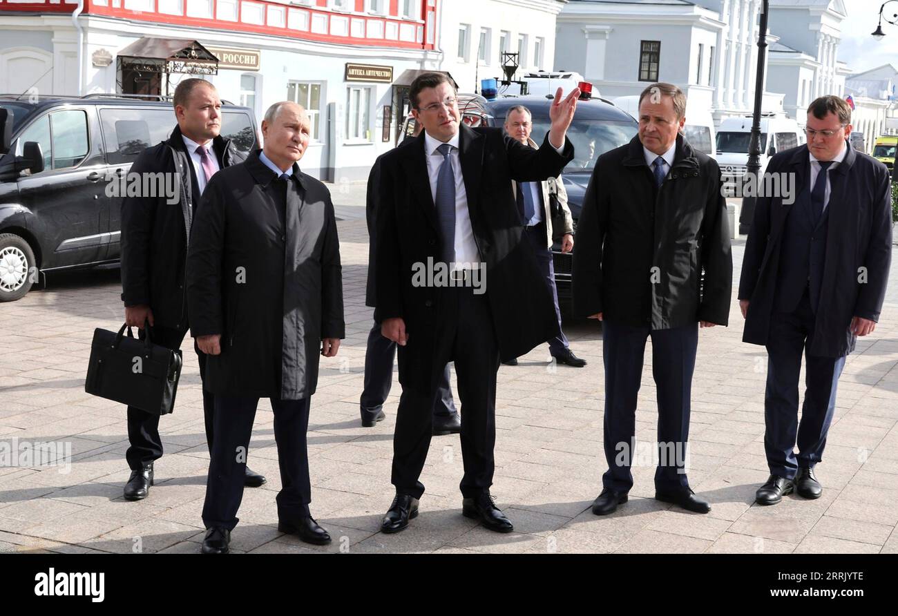 Arzamas, Russia. 08th Sep, 2023. Russian President Vladimir Putin, left, listens to Nizhny Novgorod Region Governor Gleb Nikitin, center, before inaugurating the northern section of the Moscow Speed Diameter, as well as the sections of the M-12 East highway from Moscow to Arzamas during a ceremony, September 8, 2023 in Arzamas, Russia. Credit: Mikhail Klimentyev/Kremlin Pool/Alamy Live News Stock Photo