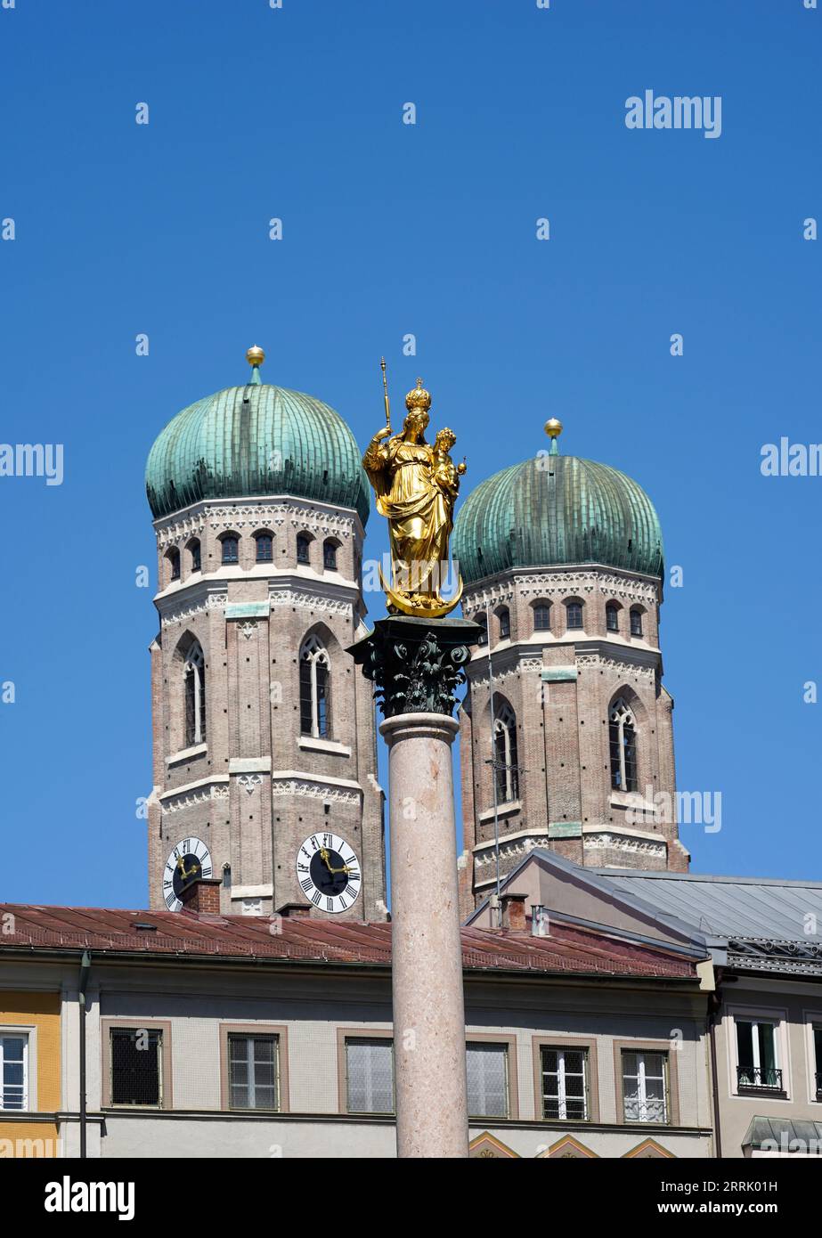Germany, Bavaria, Munich, Old Town,  St. Mary's Square, St. Mary's Column, Church of Our Lady, Lady's Towers Stock Photo