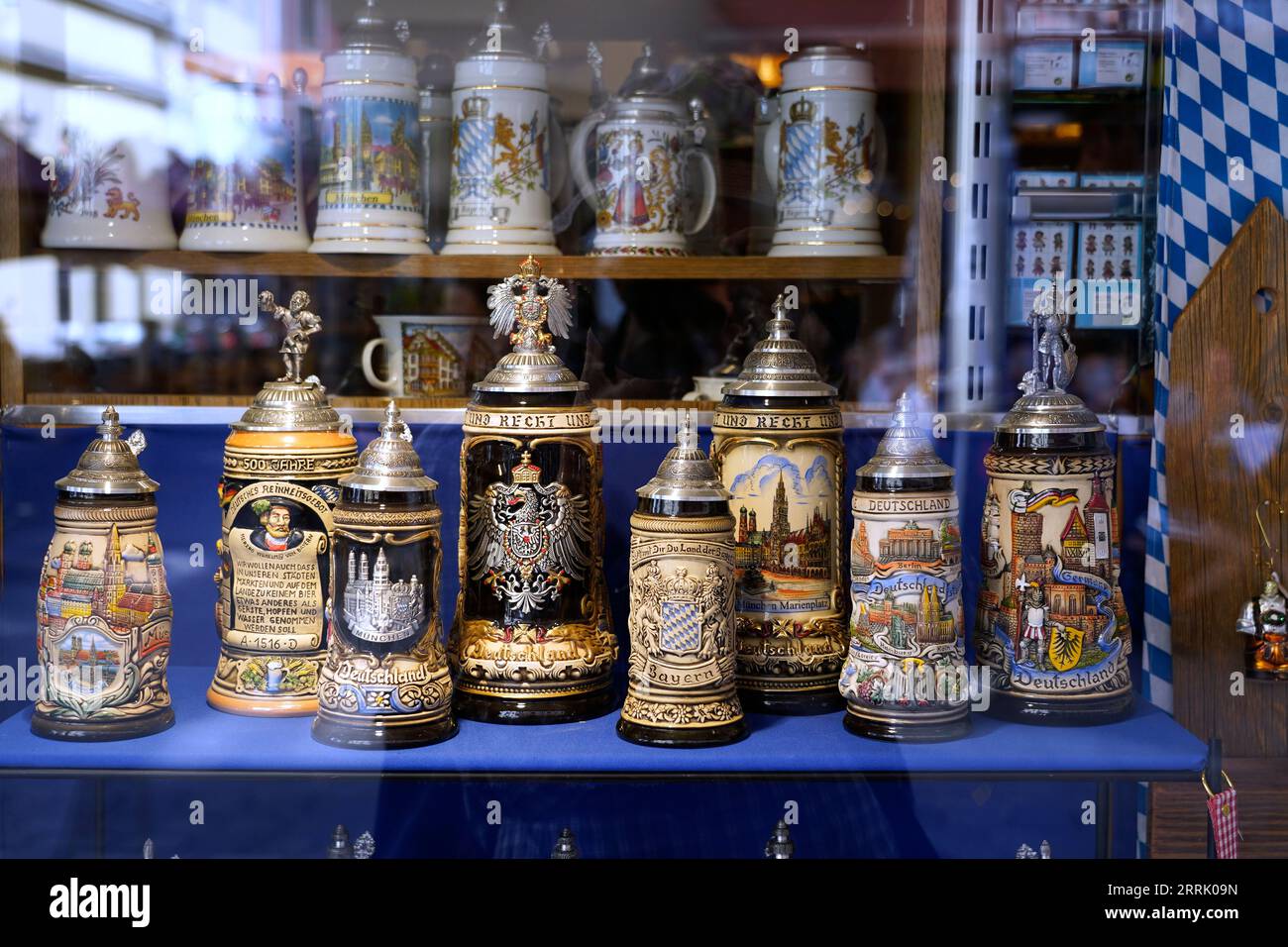 Germany, Bavaria, Munich, pedestrian zone, retail, shop window, historical Bavarian beer mugs Stock Photo