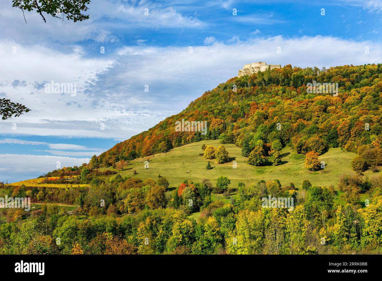 Swabian Alb, Neuffener Heide, autumn, castle ruin Hohenneuffen, Neuffen, Germany Stock Photo