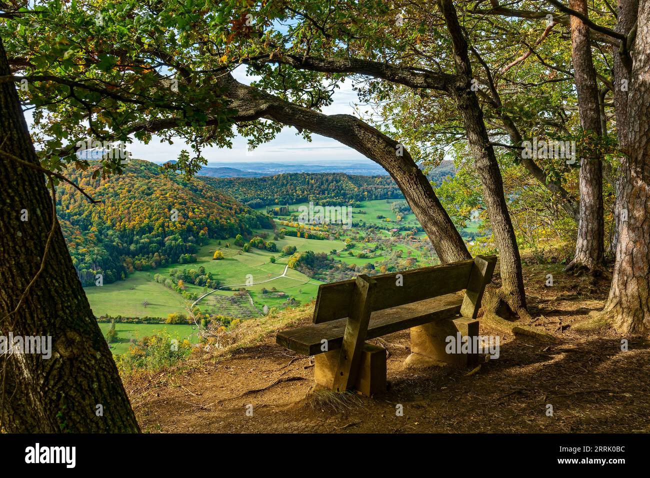 Swabian Alb, resting bench on the Barnberg, view into the Neuffen valley, Neuffen, Germany Stock Photo