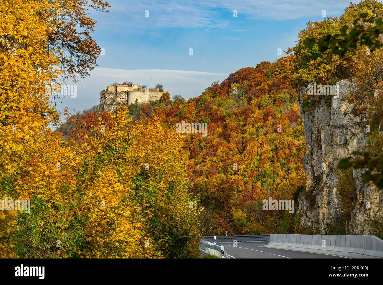 Neuffener Steige, autumn, castle ruin Hohenneuffen, Neuffen, Germany Stock Photo