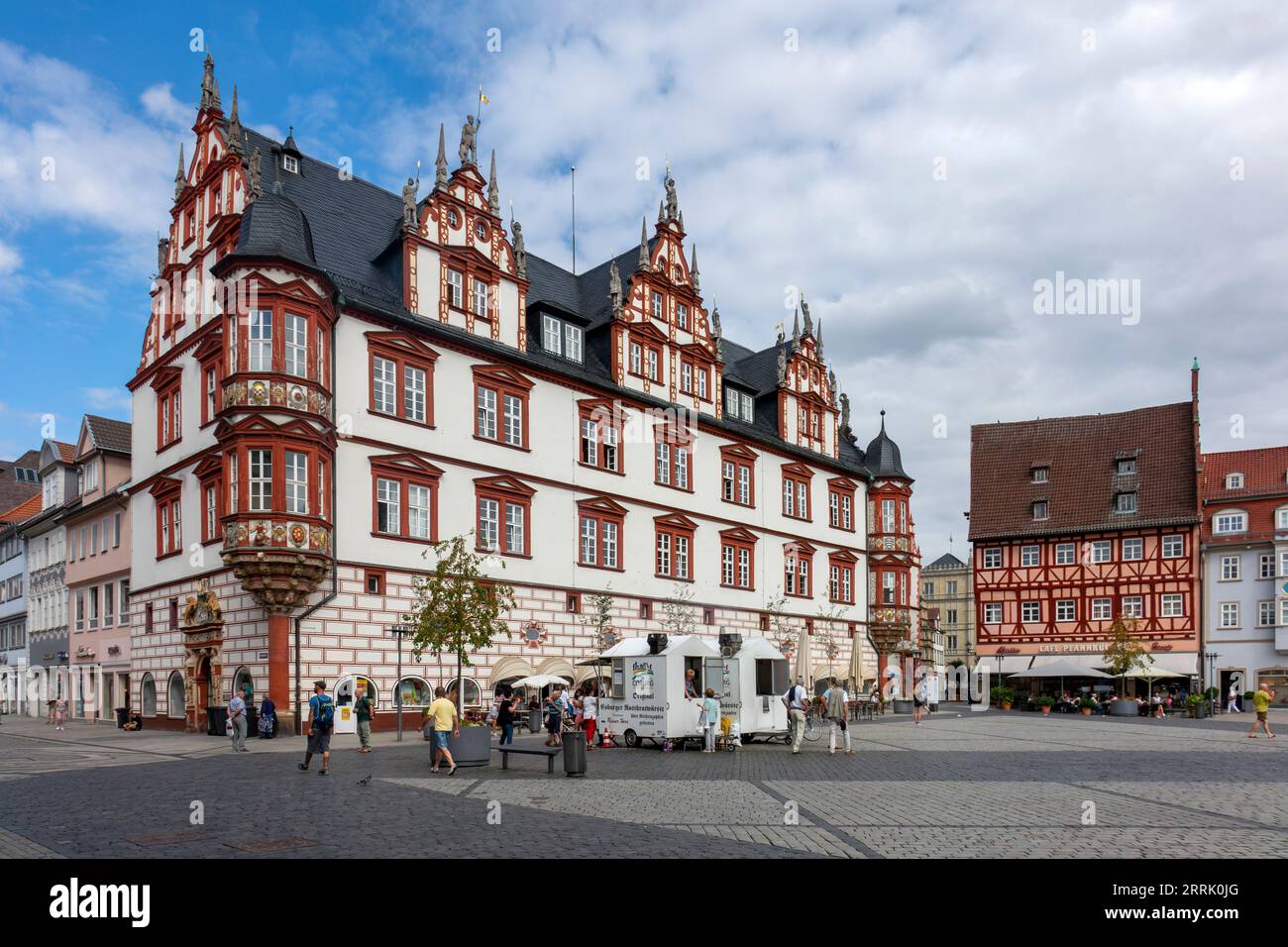 Coburg Rostbratwürste bratwurst stand on the market square in front of the town hall, Coburg, Germany Stock Photo